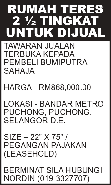 RUMAH TERES 2 1/2 TINGKAT UNTUK DIJUAL